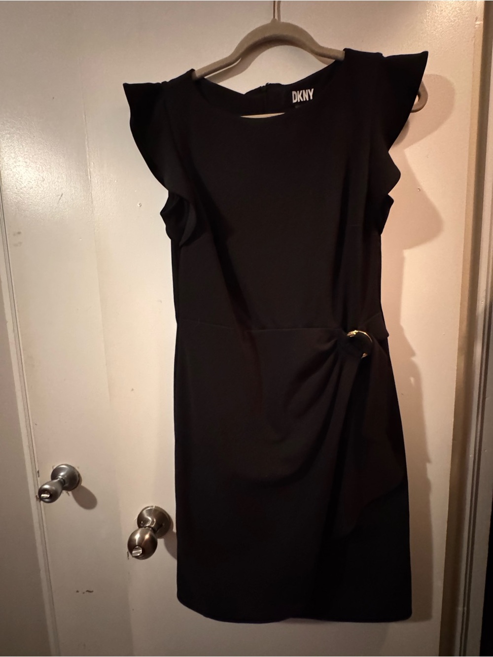 DKNY Black Ruffle Sleeve Sheath Dress with Gold Ring Accent